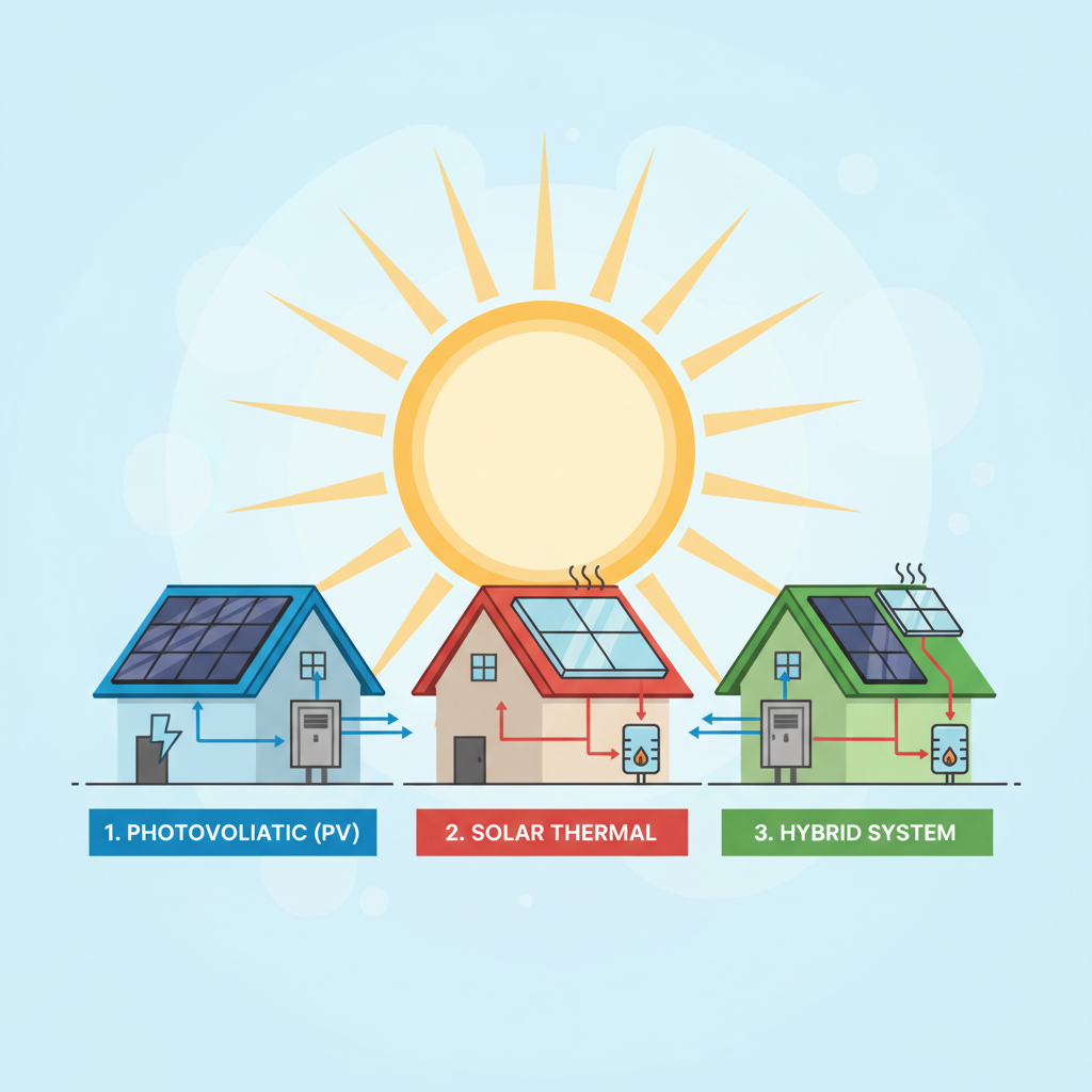 A vibrant, professional illustration depicting the three main types of solar energy systems: (1) a rooftop photovoltaic (PV) array with electricity flowing into a house, (2) a solar thermal collector on a separate roof section with hot water pipes entering the house, and (3) a hybrid system showcasing both elements. The sun should be prominent, radiating energy towards all systems. Use a clean, modern aesthetic with clear labels for each system type.