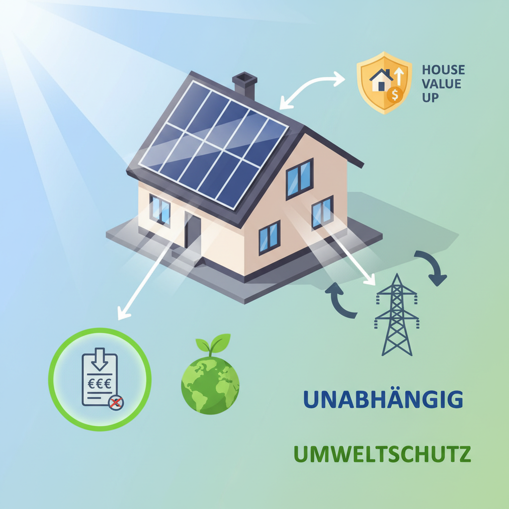 A conceptual 3D rendering or flat illustration contrasting the benefits of PV systems. Show a modern house with solar panels happily using energy, with visual cues like a lower electricity bill (a downward arrow on a bill icon), a healthy green Earth icon, a symbol of grid feed-in (arrows to an electricity pylon), and a 'house value up' icon. The background should subtly suggest a sunny disposition and environmental friendliness, emphasizing 'unabhängig' and 'Umweltschutz.'