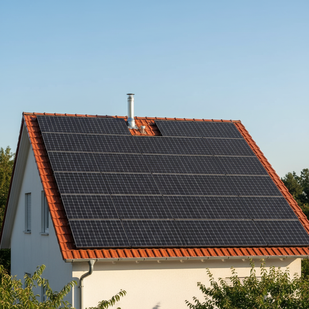 A vibrant, professional-grade photograph of a modern residential rooftop equipped with neatly arranged solar panels under a clear, sunny sky. The image should subtly include other typical rooftop elements like chimneys or vents, but the solar panels should be the clear focal point, emphasizing efficiency and integration into home design. The sunlight should cast soft, clear shadows, highlighting the texture of the panels. Emphasize a clean, inviting aesthetic suitable for a German-speaking audience.