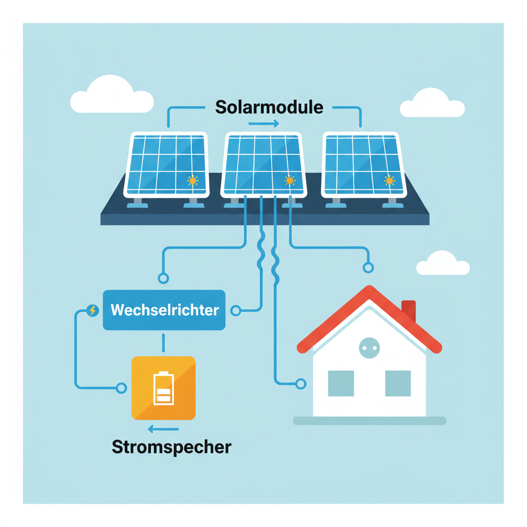 An engaging, colorful flat illustration or infographic-style diagram showcasing the basic components of a solar power system. It should depict solar panels on a simplified rooftop connected by lines to represent wiring, leading to an inverter, and then to a house with an optional battery storage unit. Each component should be clearly labeled in German (Solarmodule, Wechselrichter, Stromspeicher) with a small, iconic representation. The overall style should be clean, modern, and easy to understand.