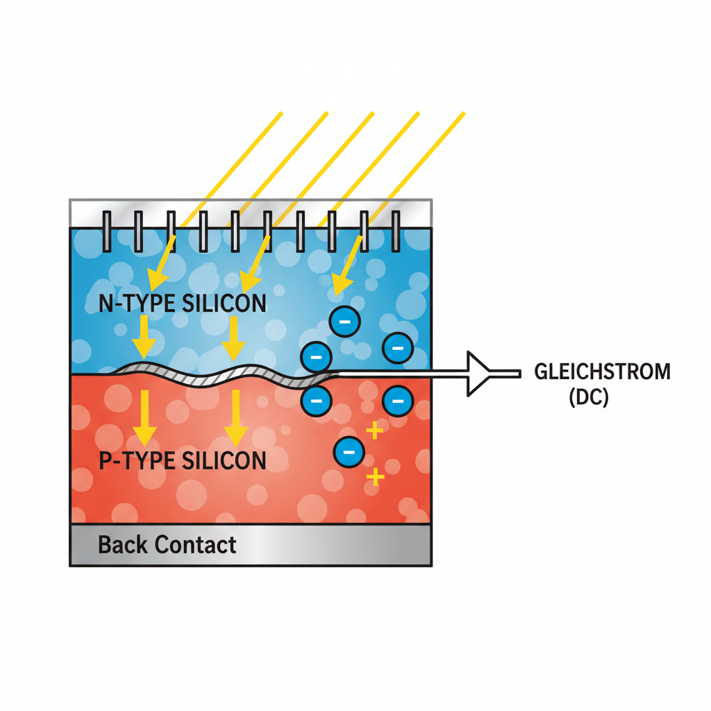 A detailed, cutaway illustration or schematic diagram focusing on a single solar cell and explaining the photovoltaic effect. Show sunlight (represented by yellow arrows or rays) hitting a silicon layer, causing electrons (represented by small blue spheres with a minus sign) to become active and flow in a circuit. Clearly label the silicon layers (e.g., n-type, p-type) and the resulting direct current (Gleichstrom - DC). The style should be scientifically accurate but visually engaging, using clear lines and contrasting colors to differentiate elements.