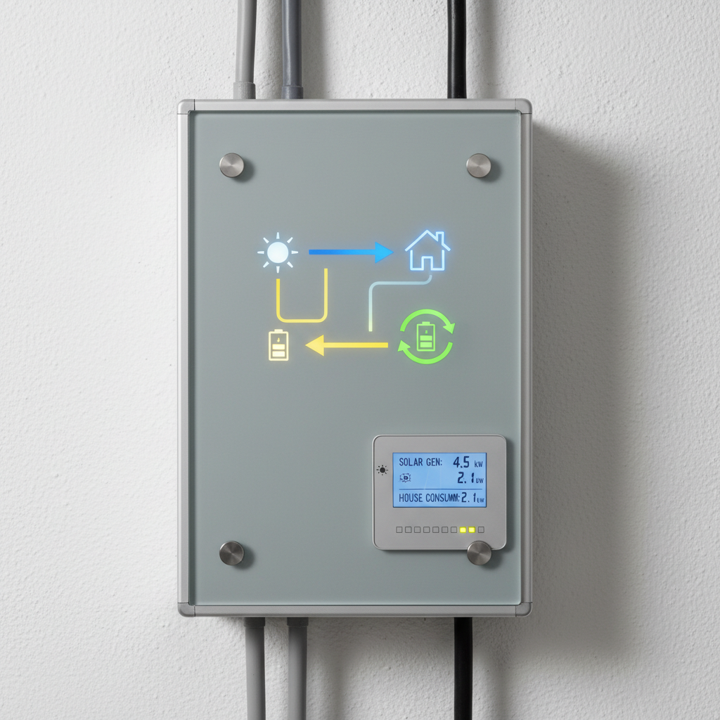 A professional, close-up photograph of a modern residential smart meter or electrical panel, with clear indicators or symbols representing the flow of electricity. The image should subtly suggest the integration of solar power by including a small digital display showing energy generation or consumption. The focus is on the practical application and monitoring of solar energy within a household. Lighting should be bright and even, highlighting the technical aspects with a clean, functional aesthetic.